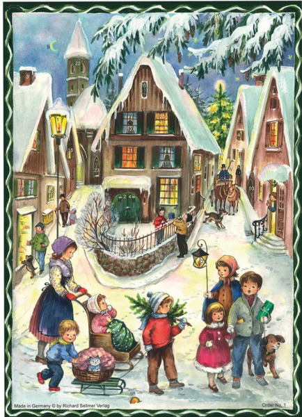 Papier Adventskalender mit Glimmer A4 hoch - Weihnachten im Dorf