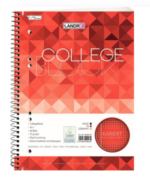 Landre Collegeblock A5  50 Blatt Lineatur 28 (mit Rand kariert)