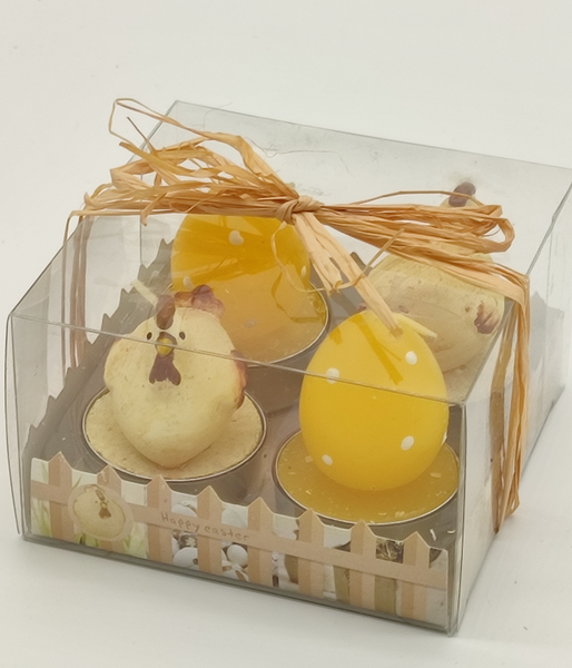 4-teiliges Teelicht-Set "Hühner/Eier", Material: Kerzenwachs, Farbe: gelb/beige, Größe eines Teelichtes: 4 x 6 cm, Klarsichtverpackung