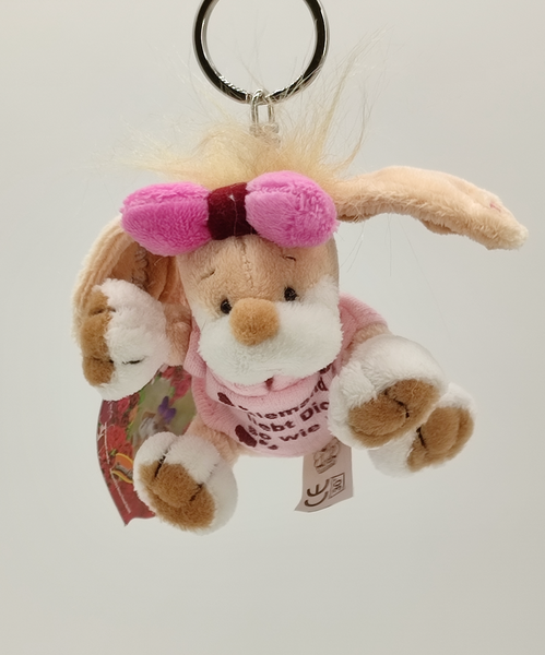 Schlüsselanhänger Hund "Stupsi", Material: Plüsch, Farbe: beige/ rosa, Maße: 10 x 12 cm, trägt rosa Shirt mit der Aufschrift: "Niemand liebt Dich so wie ich!", ideal für Schlüsselbund, Taschen, Rucksäcke u.a.