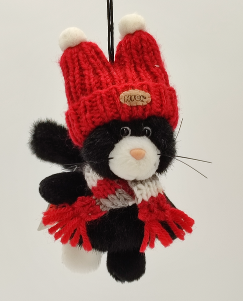 Anhänger Kater "Carlo" mit Mütze und Schal, Material: Plüsch, Farbe: schwarz/ rot, Maße: 15x 7 cm + Schlaufe, für Schlüsselringe und Karabiner, aus der Nici-Kollektion