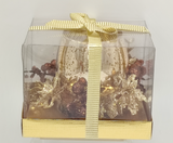 Windlicht mit dekorativem Blütenkranz, Material: Glas/ Kunstblüten, Farbe: gold, Maße: 13 x 10 cm, in Klarsichtpackung mit Schleife