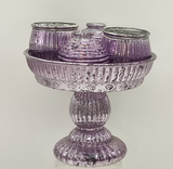 Plissierte Glasschale mit Fuß und vier Vasen/Windlichter ( 5-teilig), Material: Glas, Farbe: lila, Maße: Glasschale mit Fuß 16 cm hoch - Tellerdurchmesser 18 cm, &nbsp;das Set lässt sich das ganze Jahr über zu den Jahreszeiten/Ereignissen individuell gestalten