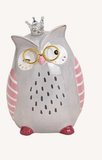 Keramik-Eule mit Brille und Krone, Material: Keramik, Maße: 14 x 9 cm, für alle Eulenliebhaber - grau/rosa