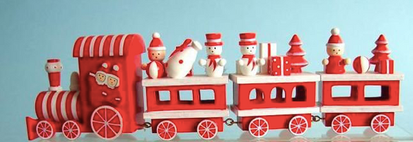 Breitner Weihnachtszug,Holz, rot/weiß, Lok und drei Hänger, Länge: 30 cm, Dekorationsartikel, Klarsichtverpackung