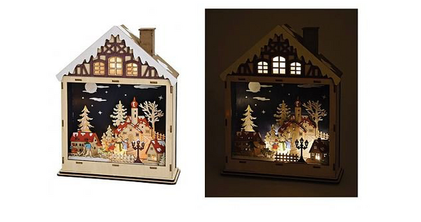 Wurm Holz-Haus "Winterszene" mit LED zum Batteriebetrieb, 3-D-Effekt, Batterien nicht im Lieferumfang enthalten, Größe: 28 x 10 x 36 cm