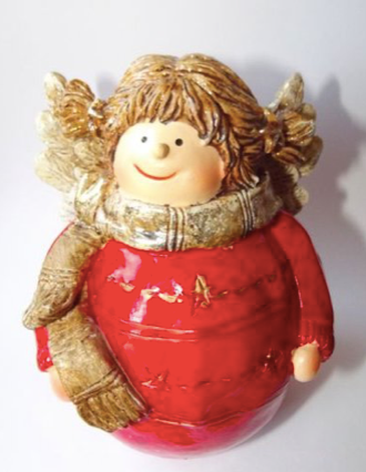Goldbach Fröhlicher Engel mit Zöpfen , Material: Poly, rundliche Figur, im rot-goldenen Kleid, Maße: 14,5 x 9 cm, Dekorationsartikel