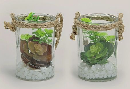 Wurm Deko-Glas mit Kunstpflanzen, Material:Glas/Kunstpflanzen/Kiesel/Silikon/Textil, Maße: 15x 10cm, zum Stehen und Hängen in lichtarmen Räumen u.a.