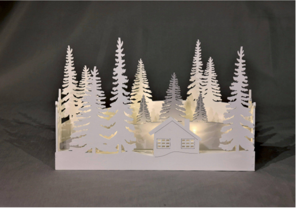 HGD Tischdiorama "Winterwald" aus Holz/ farbig weiß, mit 10 LEDs, Batteriebetrieben dadurch bestens geeignet für Kinder-, Pflege- und Krankenzimmer (Batterien nicht im Lieferumfang enthalten), Timerfunktion, Maße: ca. 30x6x20 cm