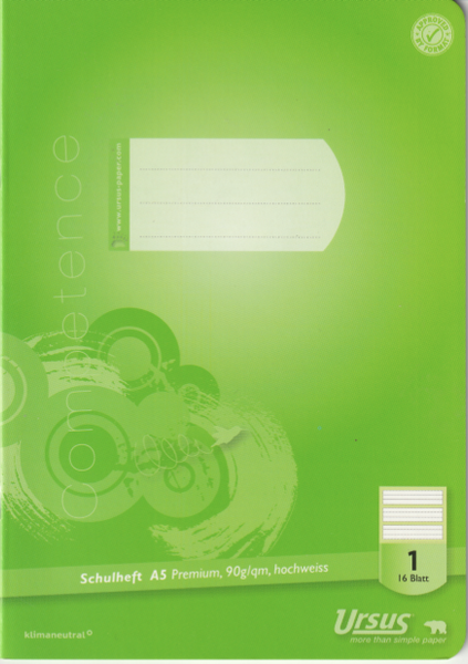 Ursus Schulheft A5 Premium Lineatur 1 liniert (farbig unterlegt) 90g Papier