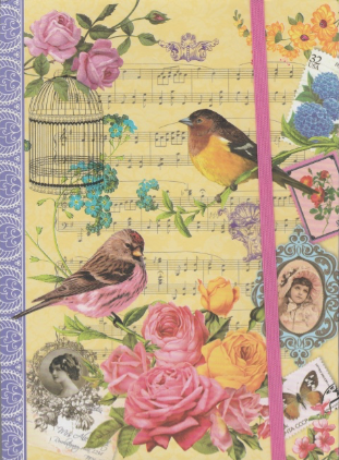 Wurm - Notizbuch mit Verschlussgummi liniert - Blumen/Vögel gelb
