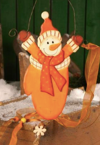 Talvel Tür-/Fenster-Hänger "Fröhlicher Schneemann" aus Holz mit Bändern verziert, Höhe Schneemann mit Draht- aufhängung: 24 cm, Farben: beige, orange, braun, gold